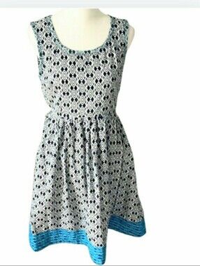 Mata Traders Black & White Geometric Midi Dress with Teal Trim
